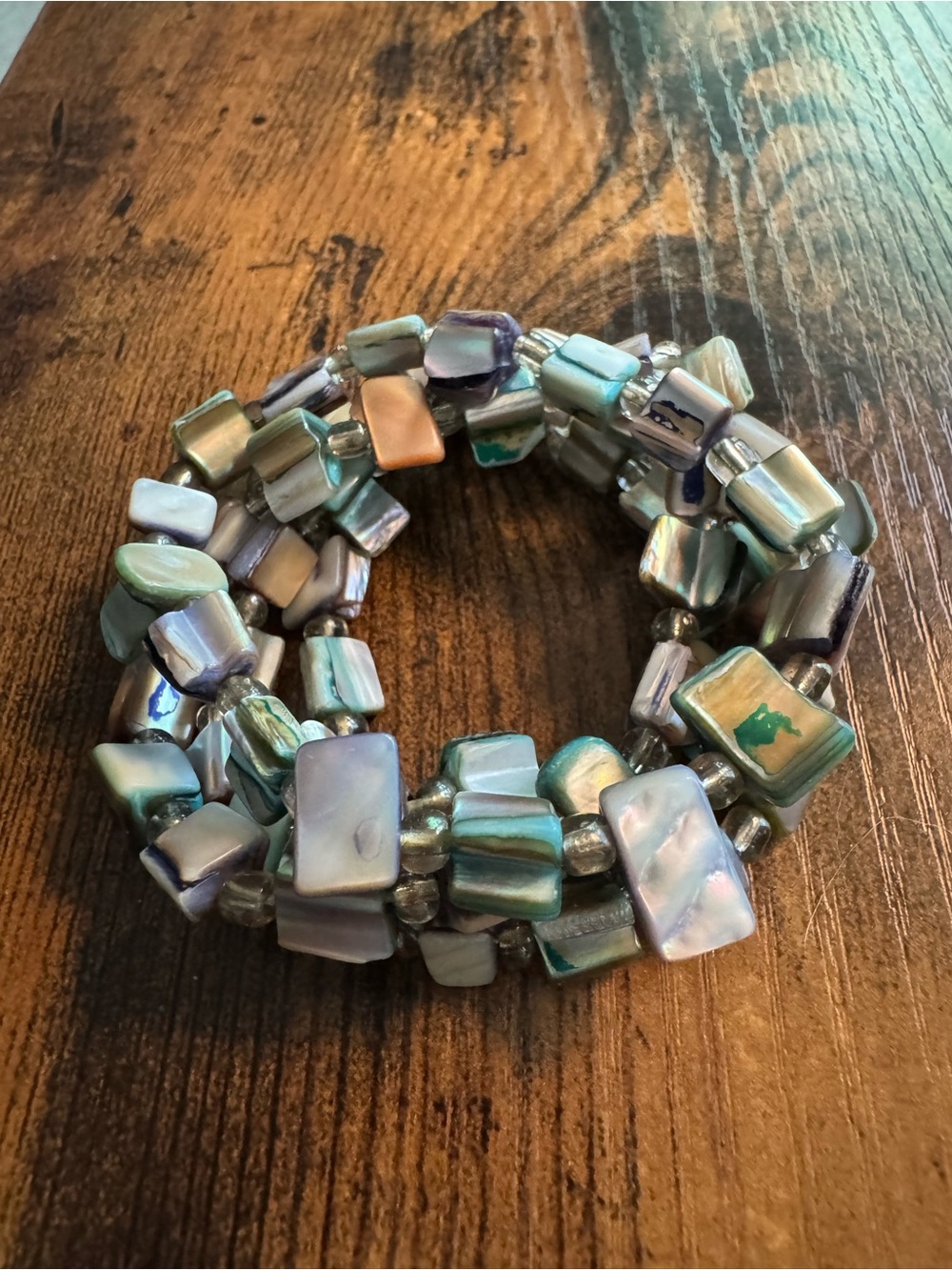 Multi-Tone Blue-Green Shell Bead Stretch Bracelets, Set of 4, Stackable